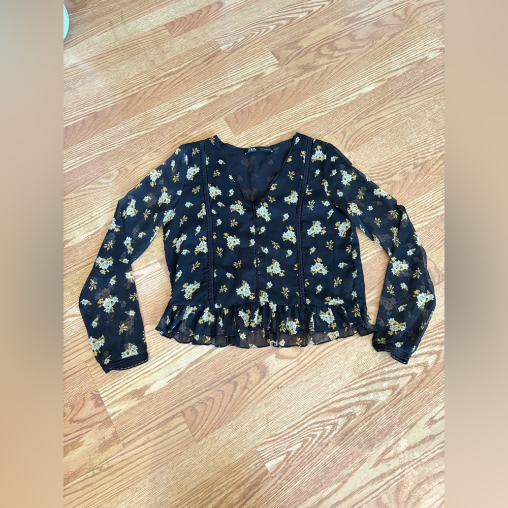 ZARA Sheer Floral Blouse Black Yellow White Long Sleeve Ruffle Hem Top - Picture 2 of 7
